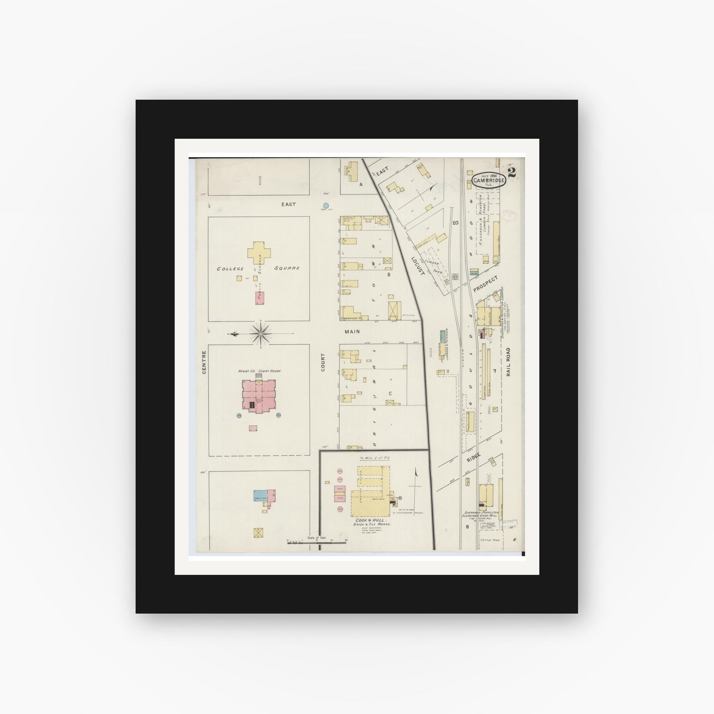 Old map wall art mockup — black gallery frame with white mat — Sanborn Fire Insurance Map from Cambridge, Henry County, Illinois (1894), Sheet #0002
