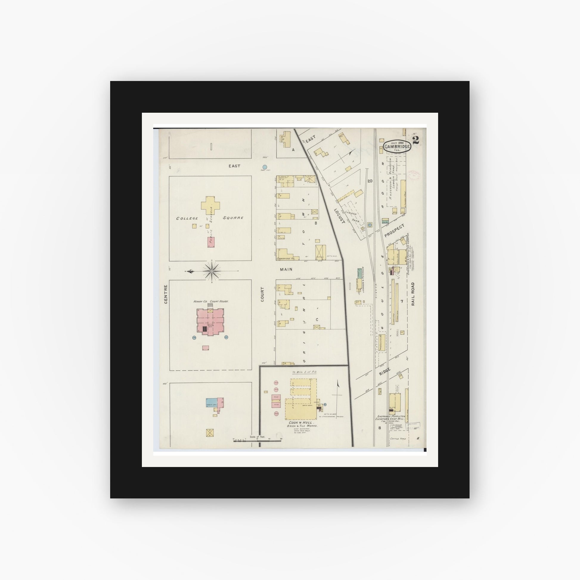 Old map wall art mockup — black gallery frame with white mat — Sanborn Fire Insurance Map from Cambridge, Henry County, Illinois (1894), Sheet #0002