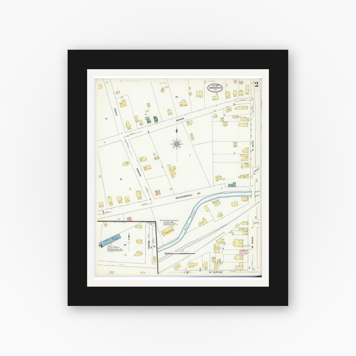 Old map wall art mockup — black gallery frame with white mat — Sanborn Fire Insurance Map from Andover, Allegany County, New York (1909), Sheet #0002