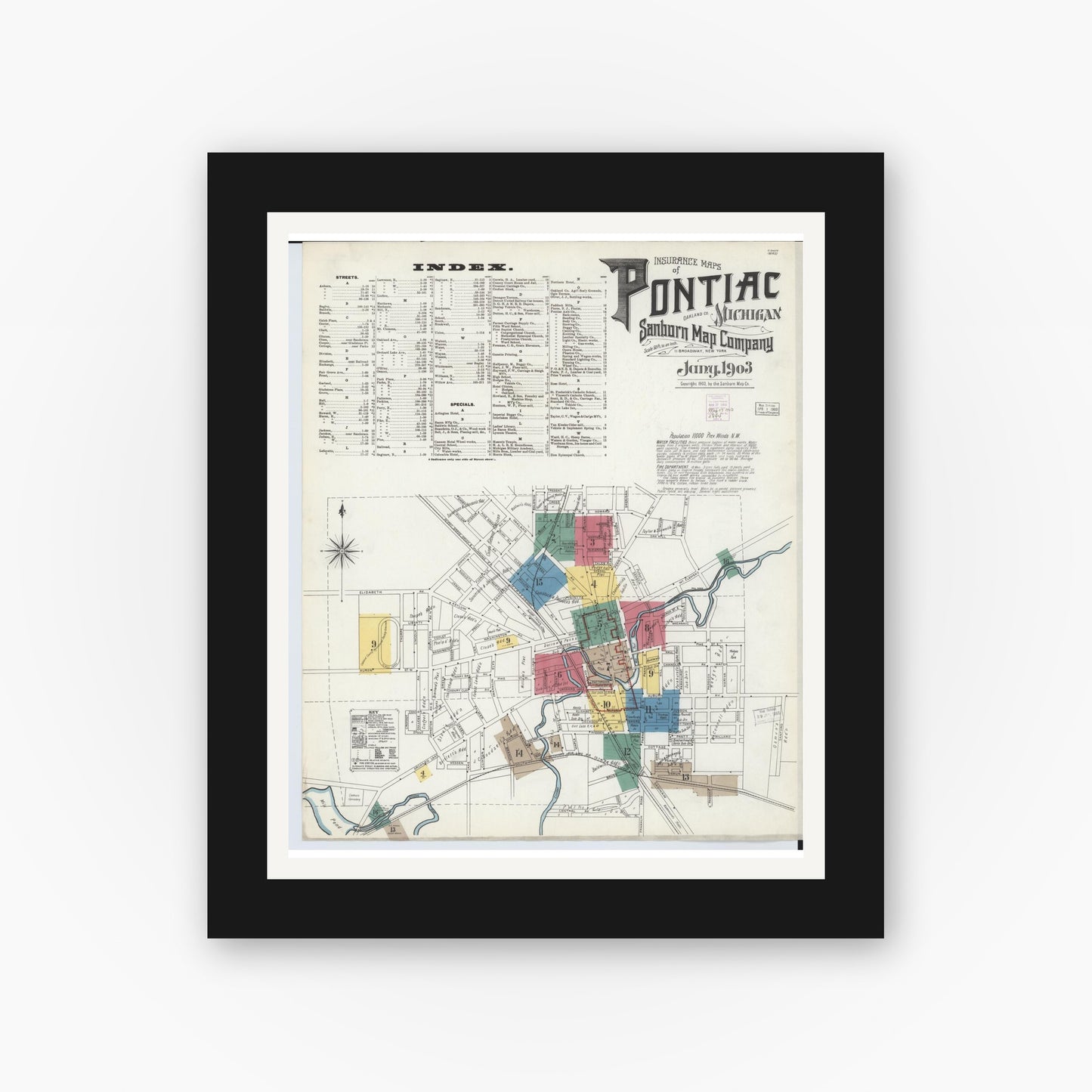 Old map wall art mockup — black gallery frame with white mat — Sanborn Fire Insurance Map from Pontiac, Oakland County, Michigan (1903) - Complete Map Set