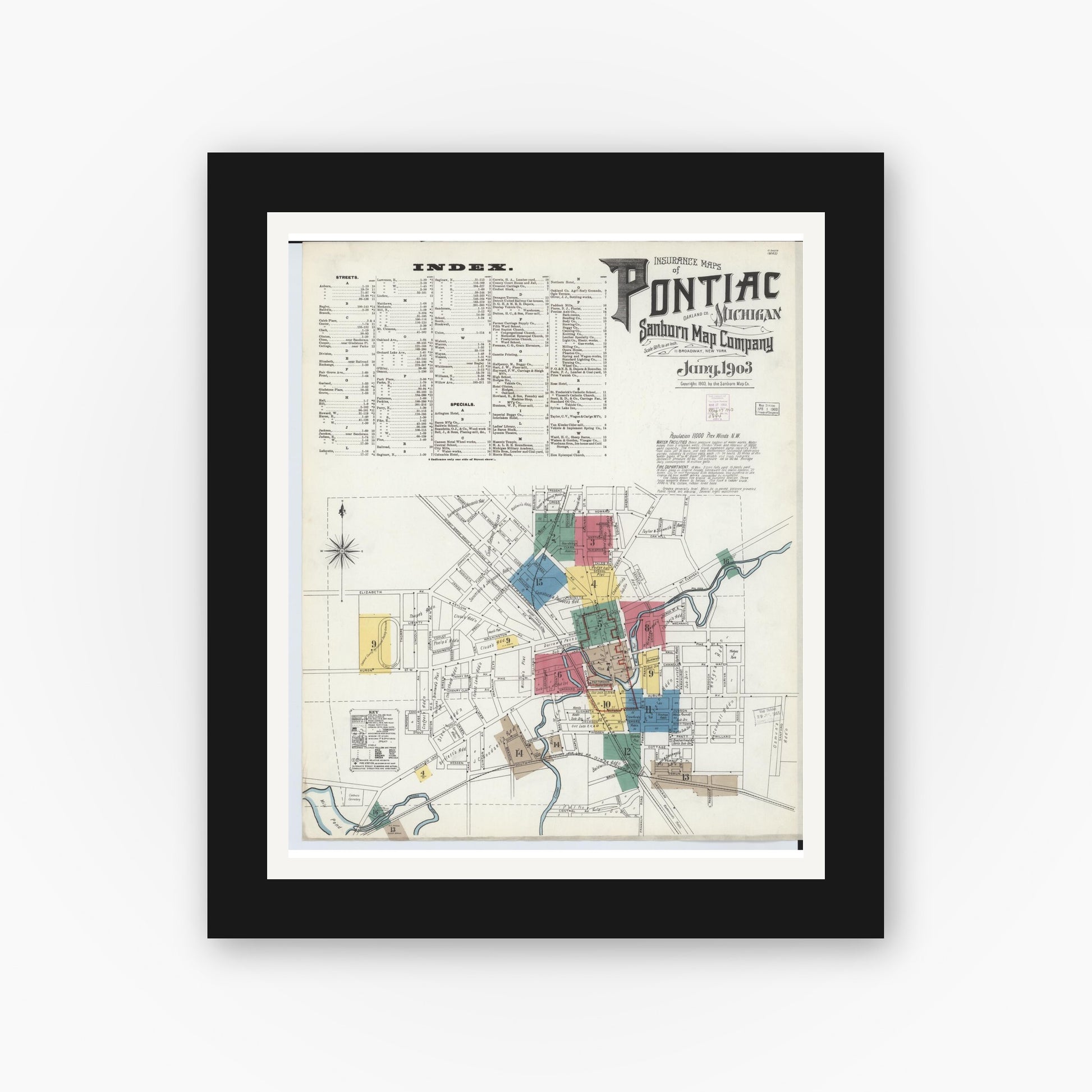 Old map wall art mockup — black gallery frame with white mat — Sanborn Fire Insurance Map from Pontiac, Oakland County, Michigan (1903) - Complete Map Set