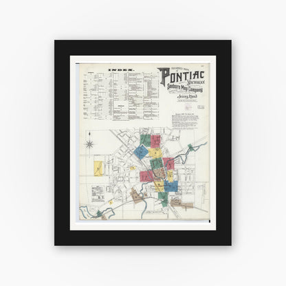 Old map wall art mockup — black gallery frame with white mat — Sanborn Fire Insurance Map from Pontiac, Oakland County, Michigan (1903) - Complete Map Set