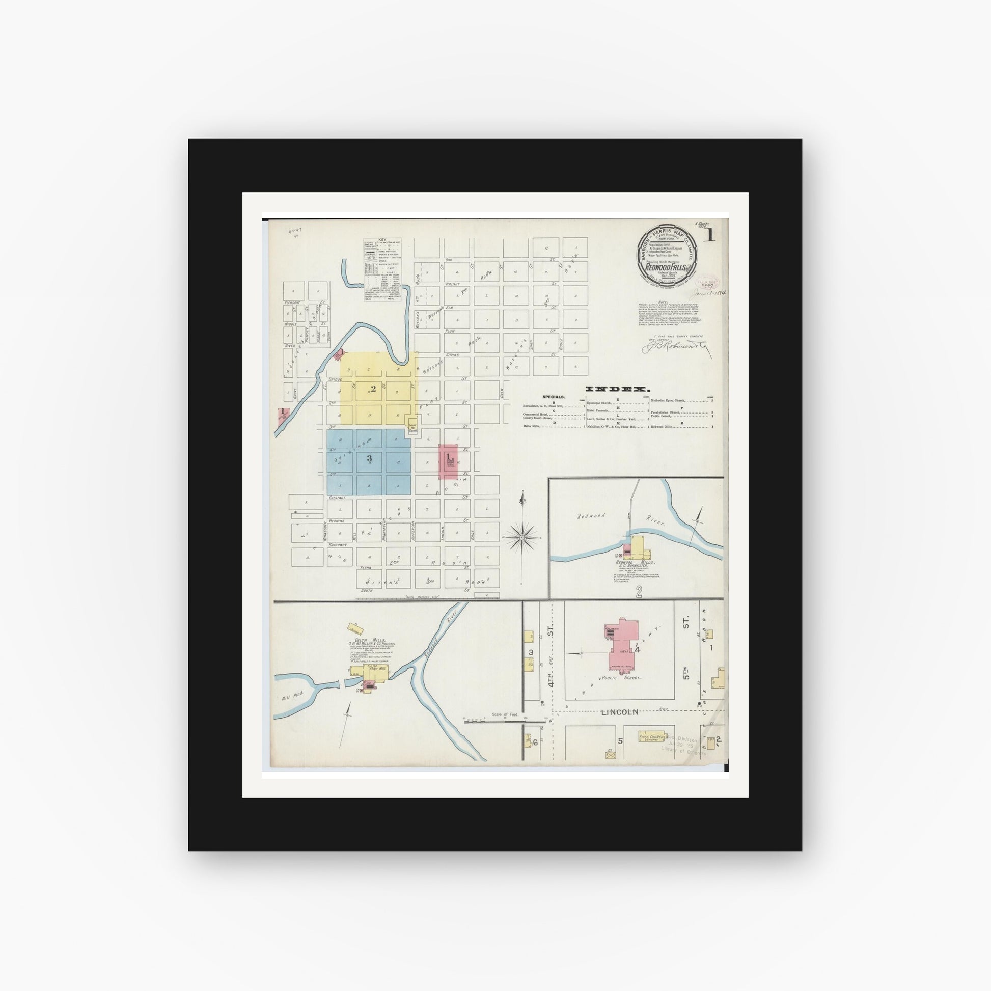 Old map wall art mockup — black gallery frame with white mat — Sanborn Fire Insurance Map from Redwood Falls, Redwood County, Minnesota (1893) - Complete Map Set