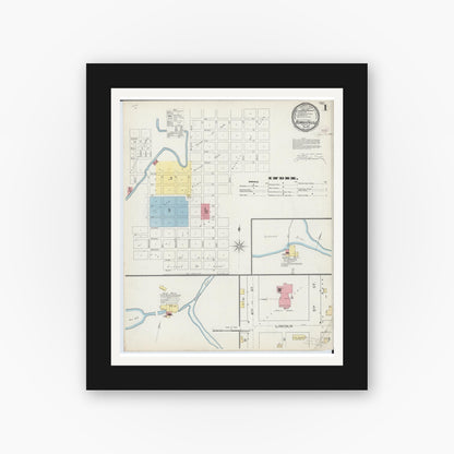 Old map wall art mockup — black gallery frame with white mat — Sanborn Fire Insurance Map from Redwood Falls, Redwood County, Minnesota (1893) - Complete Map Set
