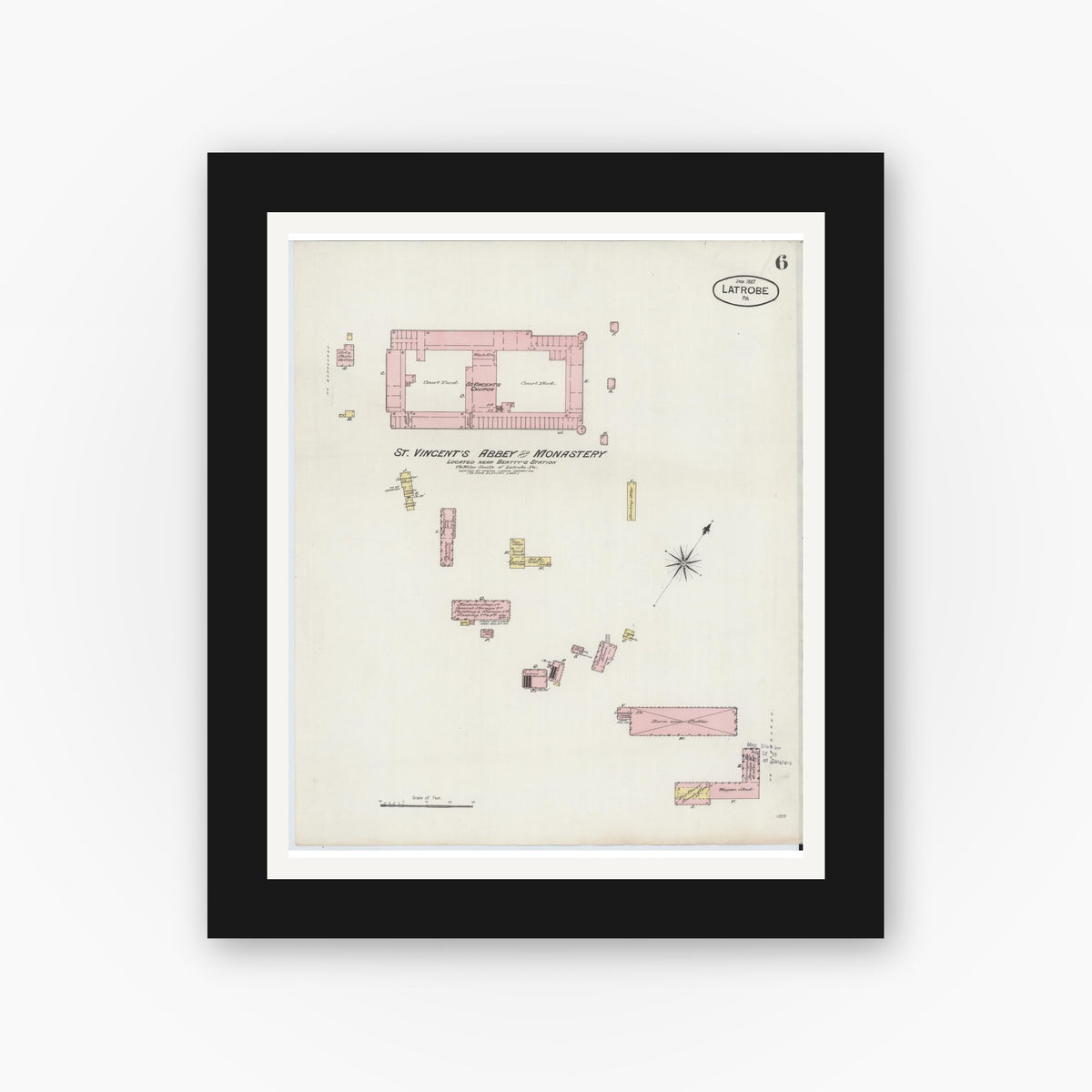 Old map wall art mockup — black gallery frame with white mat — Sanborn Fire Insurance Map from Latrobe, Westmoreland County, Pennsylvania (1887), Sheet #0006