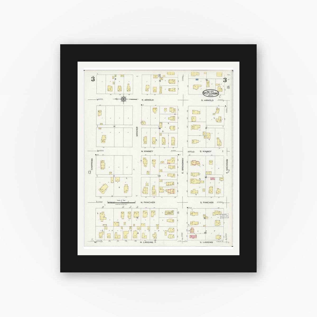 Old map wall art mockup — black gallery frame with white mat — Sanborn Fire Insurance Map from Mount Pleasant, Isabella County, Michigan (1924), Sheet #0003