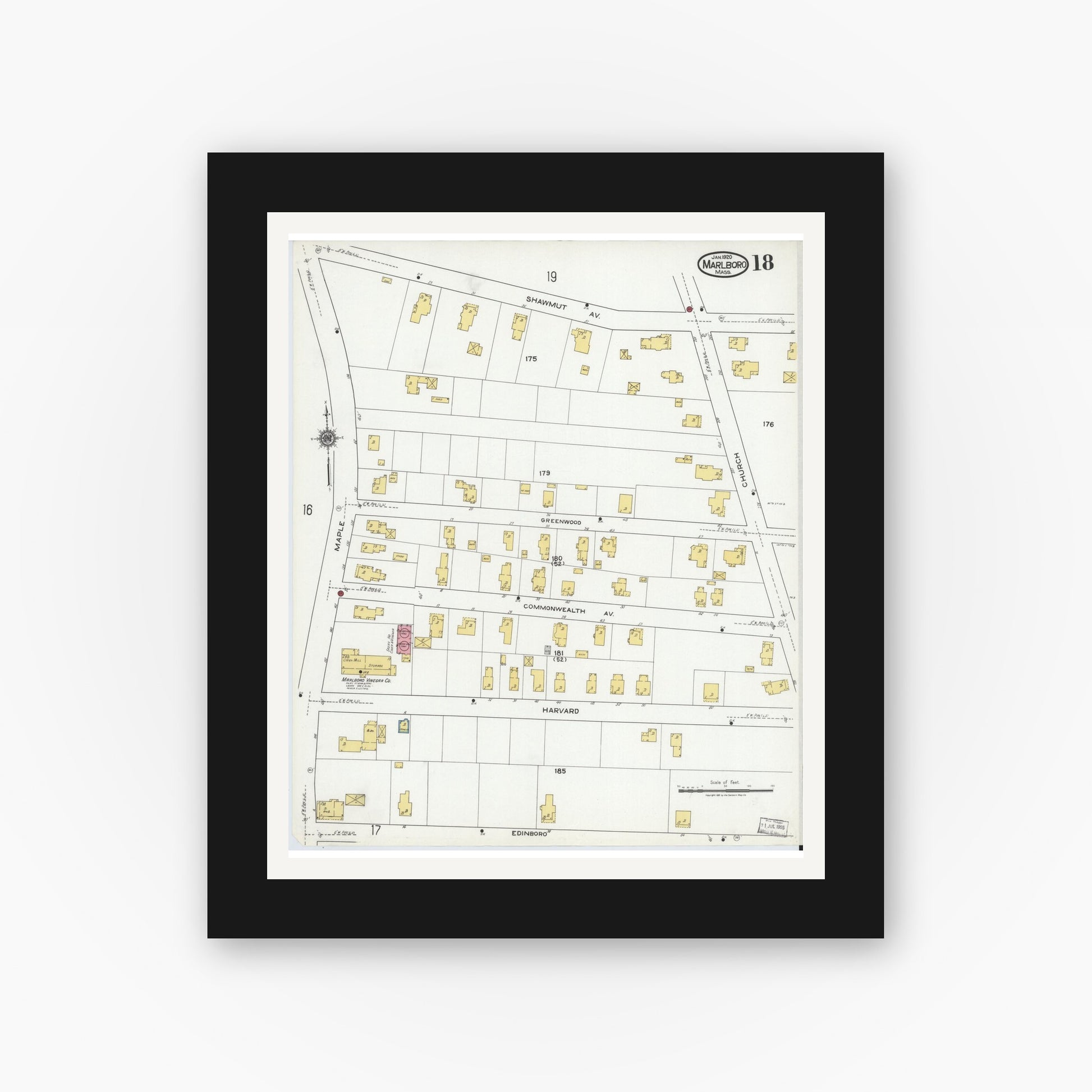 Old map wall art mockup — black gallery frame with white mat — Sanborn Fire Insurance Map from Marlborough, Middlesex County, Massachusetts (1920), Sheet #0018