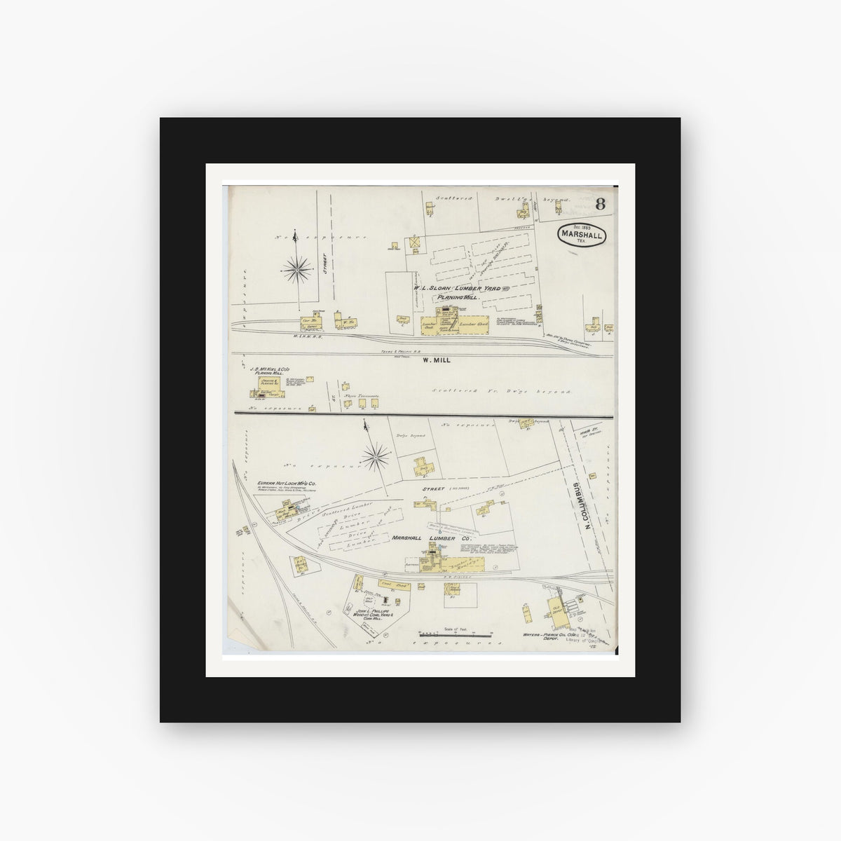 Old map wall art mockup — black gallery frame with white mat — Sanborn Fire Insurance Map from Marshall, Harrison County, Texas (1889), Sheet #0008