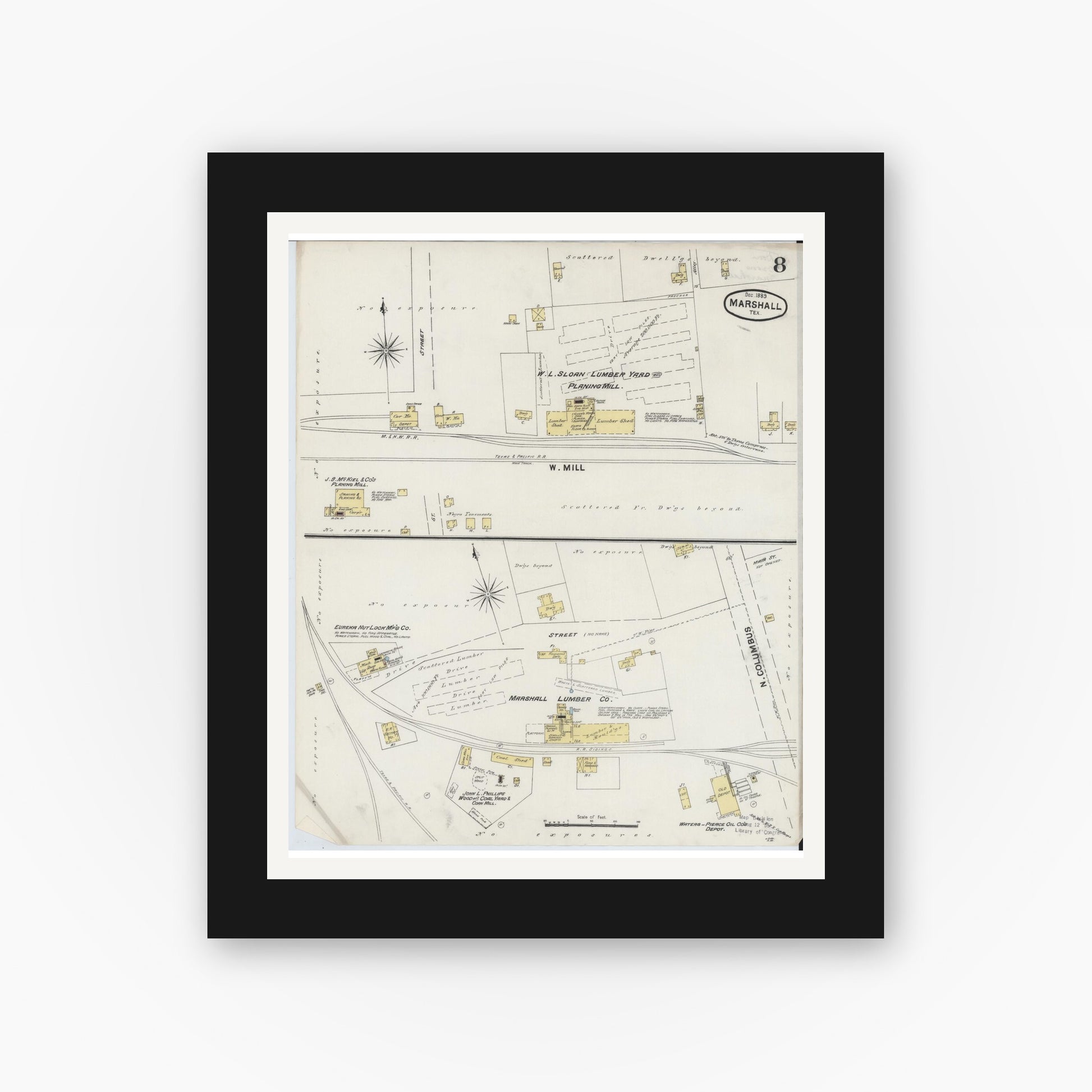 Old map wall art mockup — black gallery frame with white mat — Sanborn Fire Insurance Map from Marshall, Harrison County, Texas (1889), Sheet #0008