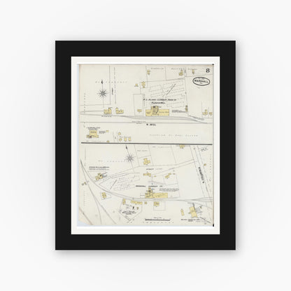 Old map wall art mockup — black gallery frame with white mat — Sanborn Fire Insurance Map from Marshall, Harrison County, Texas (1889), Sheet #0008