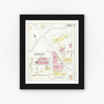 Old map wall art mockup — black gallery frame with white mat — Sanborn Fire Insurance Map from Rocky Mount, Edgecombe And Nash Counties, North Carolina (1912), Sheet #0006