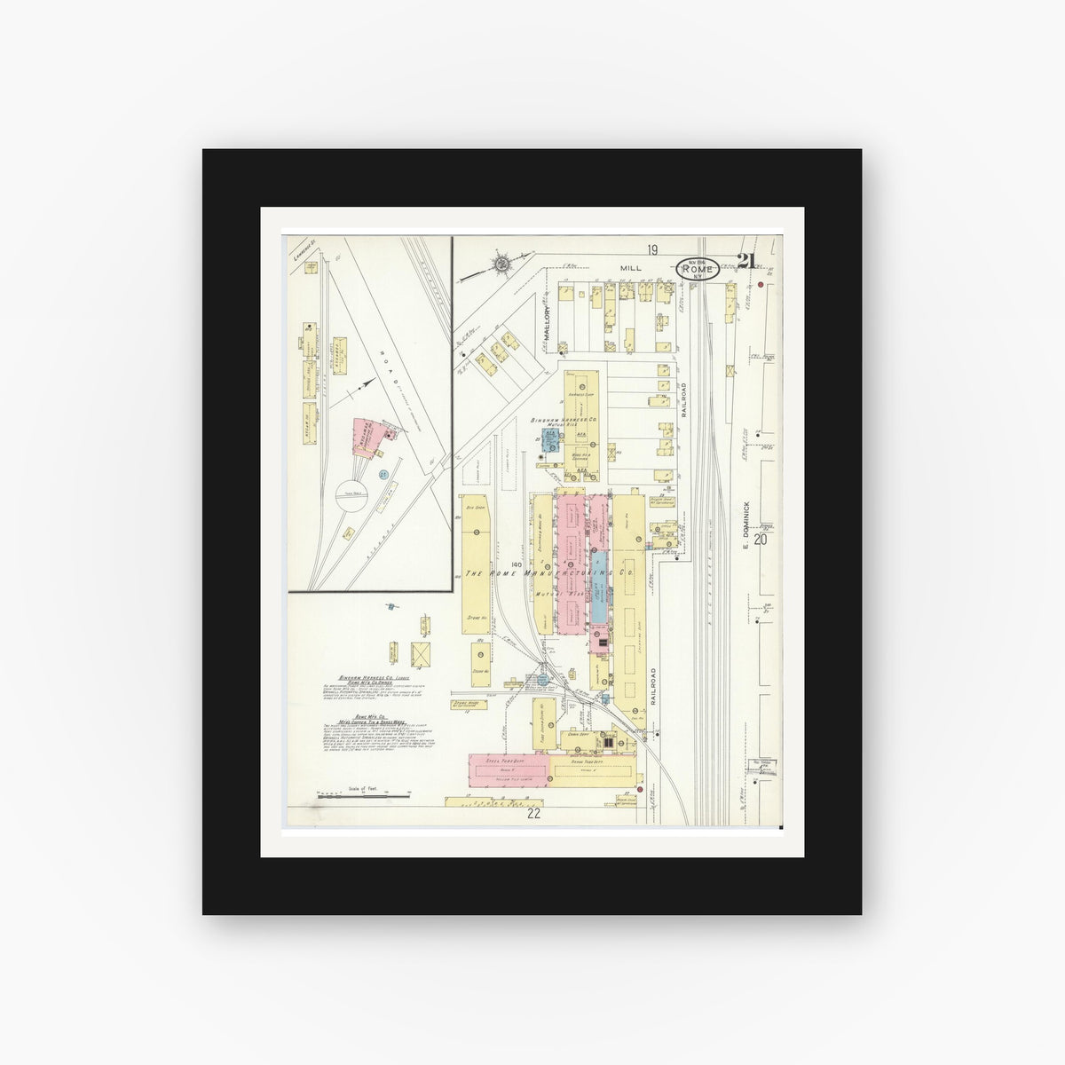 Old map wall art mockup — black gallery frame with white mat — Sanborn Fire Insurance Map from Rome, Oneida County, New York (1914), Sheet #0021
