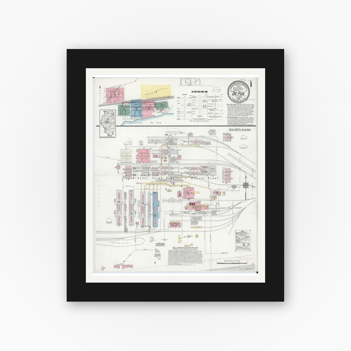 Old map wall art mockup — black gallery frame with white mat — Sanborn Fire Insurance Map from De Pue, Bureau County, Illinois (1914), Sheet #0001