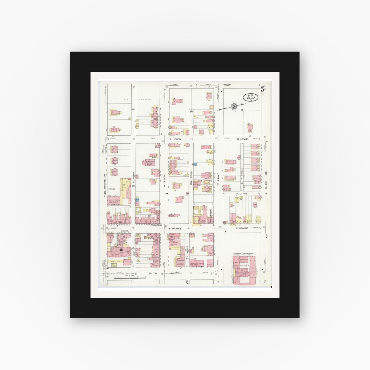 Old map wall art mockup — black gallery frame with white mat — Sanborn Fire Insurance Map from Media, Delaware County, Pennsylvania (1912), Sheet #0005