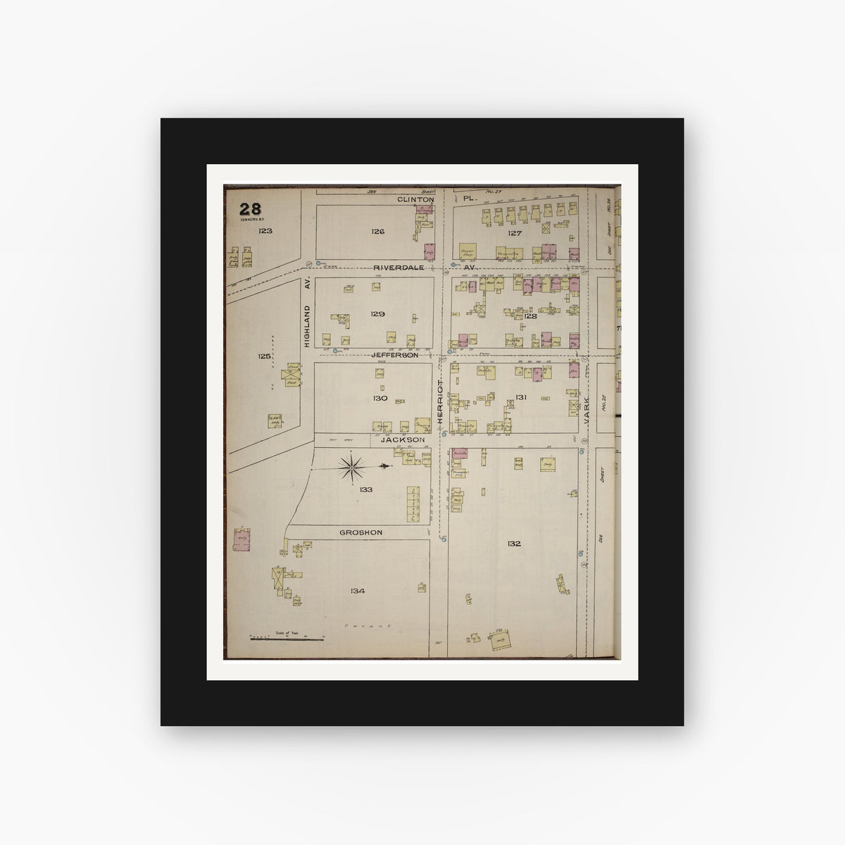 Old map wall art mockup — black gallery frame with white mat — Sanborn Fire Insurance Map from Yonkers, Westchester County, New York (1886), Sheet #0028