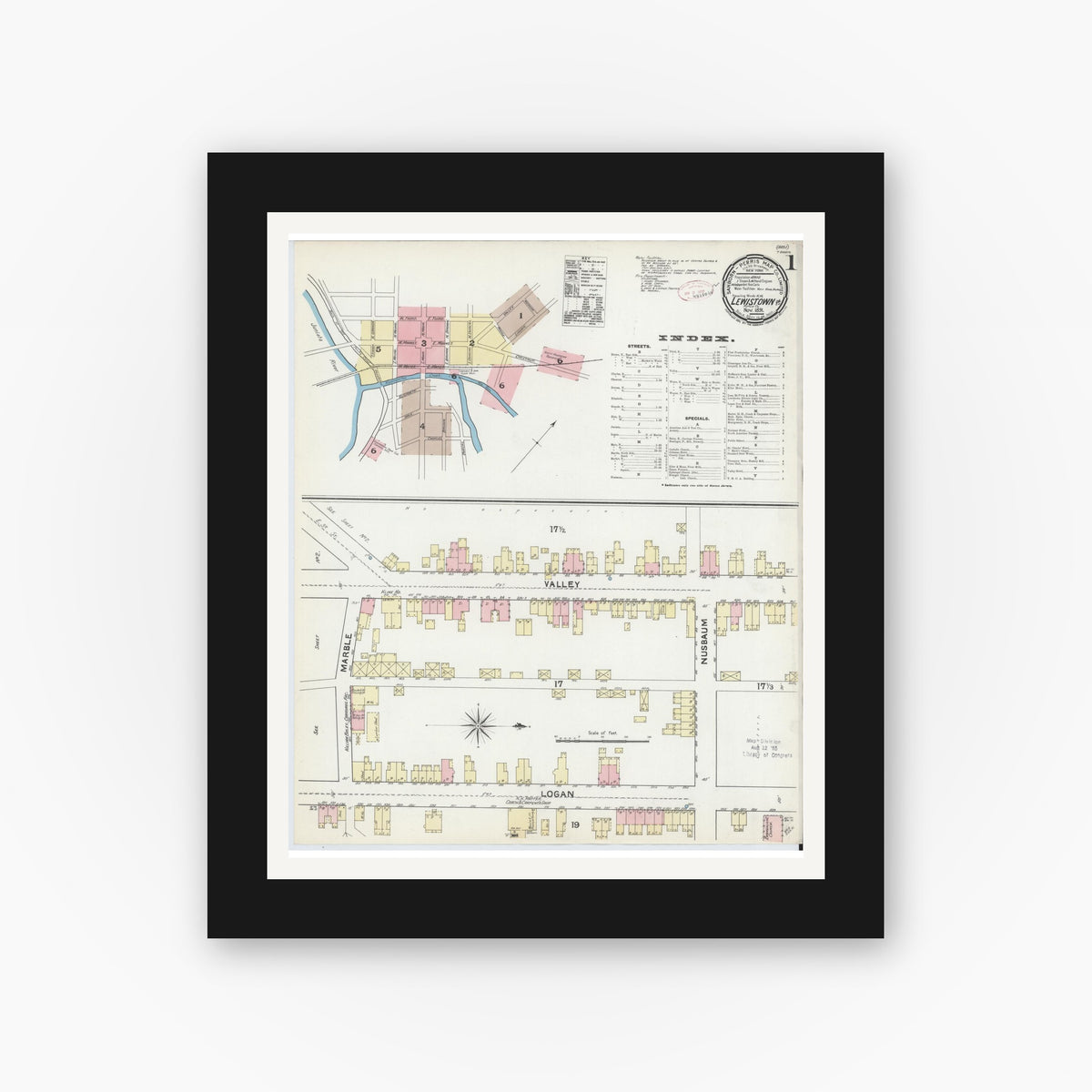 Old map wall art mockup — black gallery frame with white mat — Sanborn Fire Insurance Map from Lewistown, Mifflin County, Pennsylvania (1891), Sheet #0001