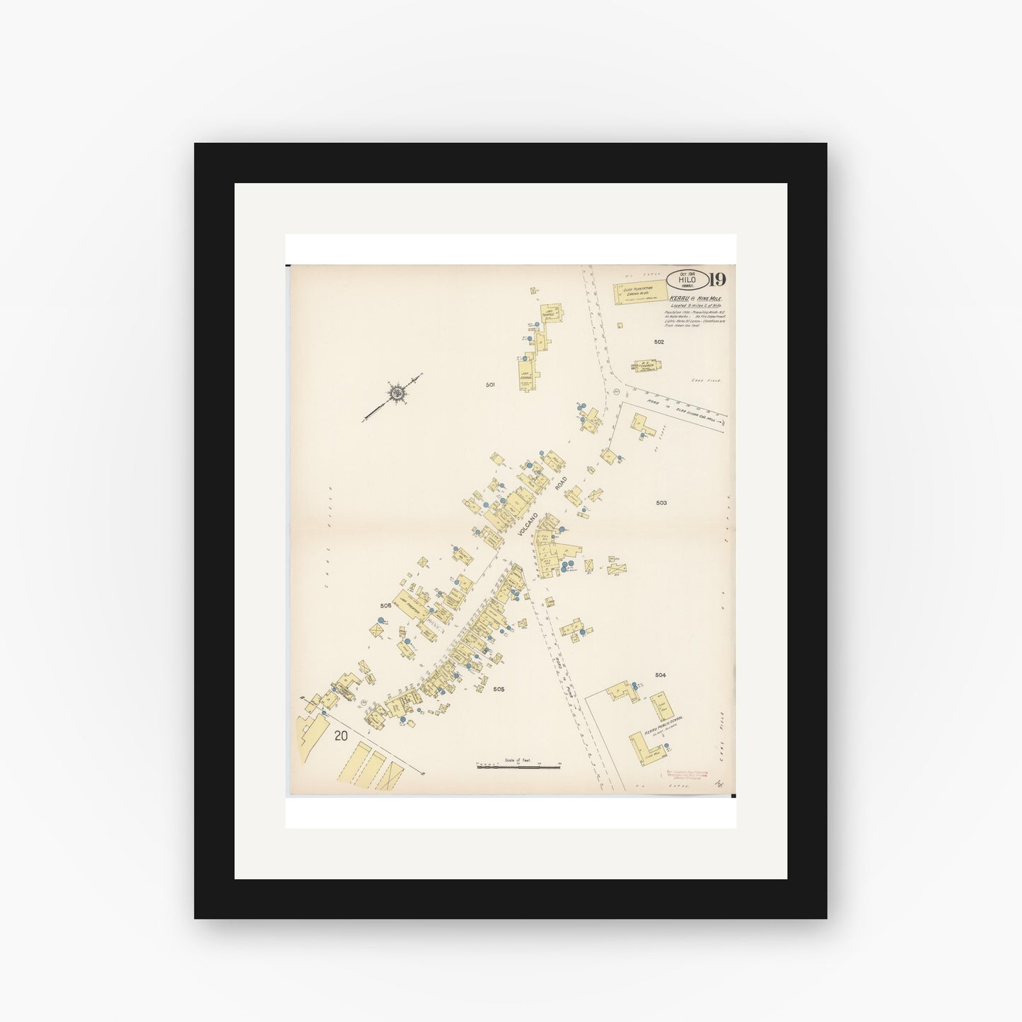 Old map wall art mockup — black gallery frame with white mat — Sanborn Fire Insurance Map from Hilo, Hawaii County, Hawaii (1914), Sheet #0019