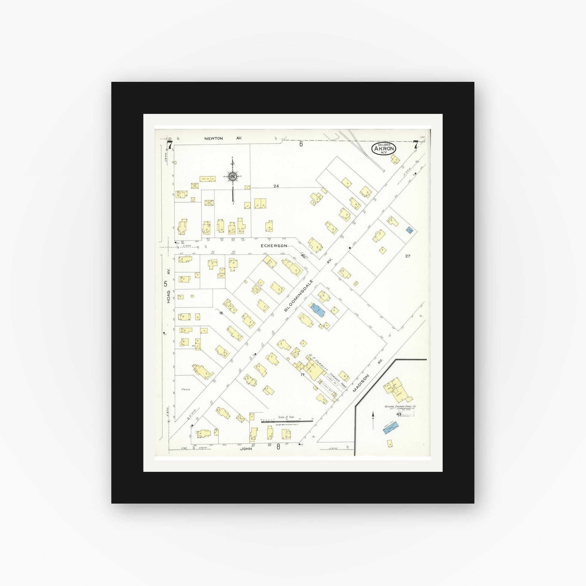 Old map wall art mockup — black gallery frame with white mat — Sanborn Fire Insurance Map from Akron, Erie County, New York (1923), Sheet #0007