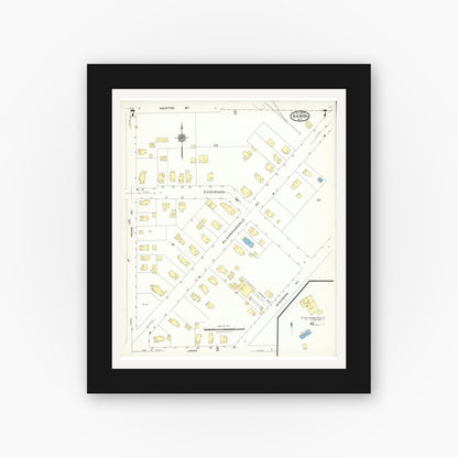 Old map wall art mockup — black gallery frame with white mat — Sanborn Fire Insurance Map from Akron, Erie County, New York (1923), Sheet #0007