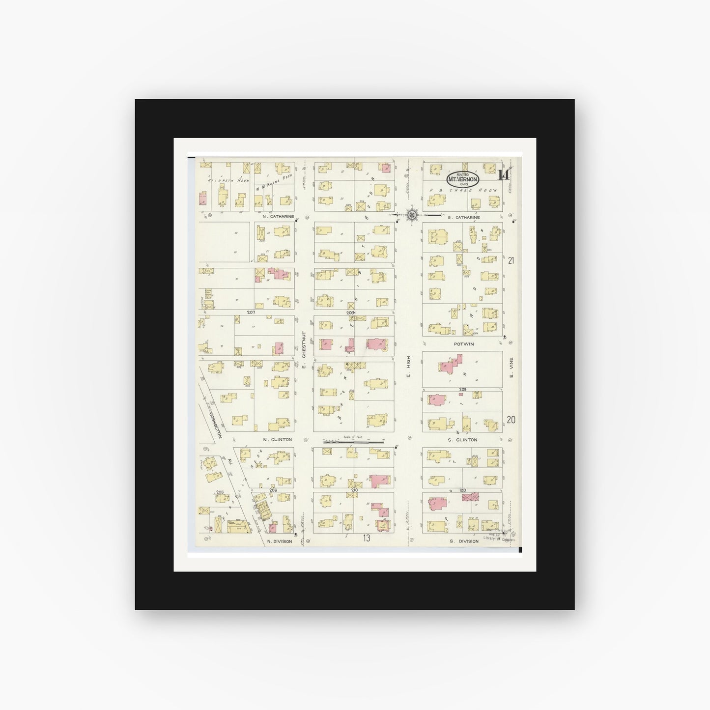 Old map wall art mockup — black gallery frame with white mat — Sanborn Fire Insurance Map from Mount Vernon, Knox County, Ohio (1913), Sheet #0014