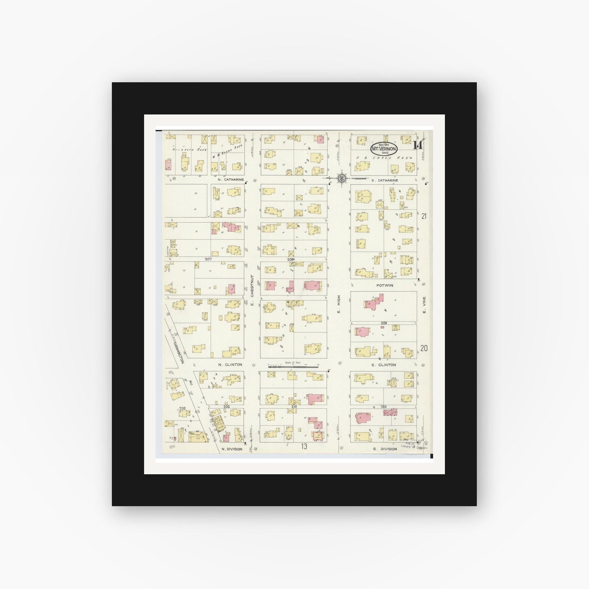 Old map wall art mockup — black gallery frame with white mat — Sanborn Fire Insurance Map from Mount Vernon, Knox County, Ohio (1913), Sheet #0014