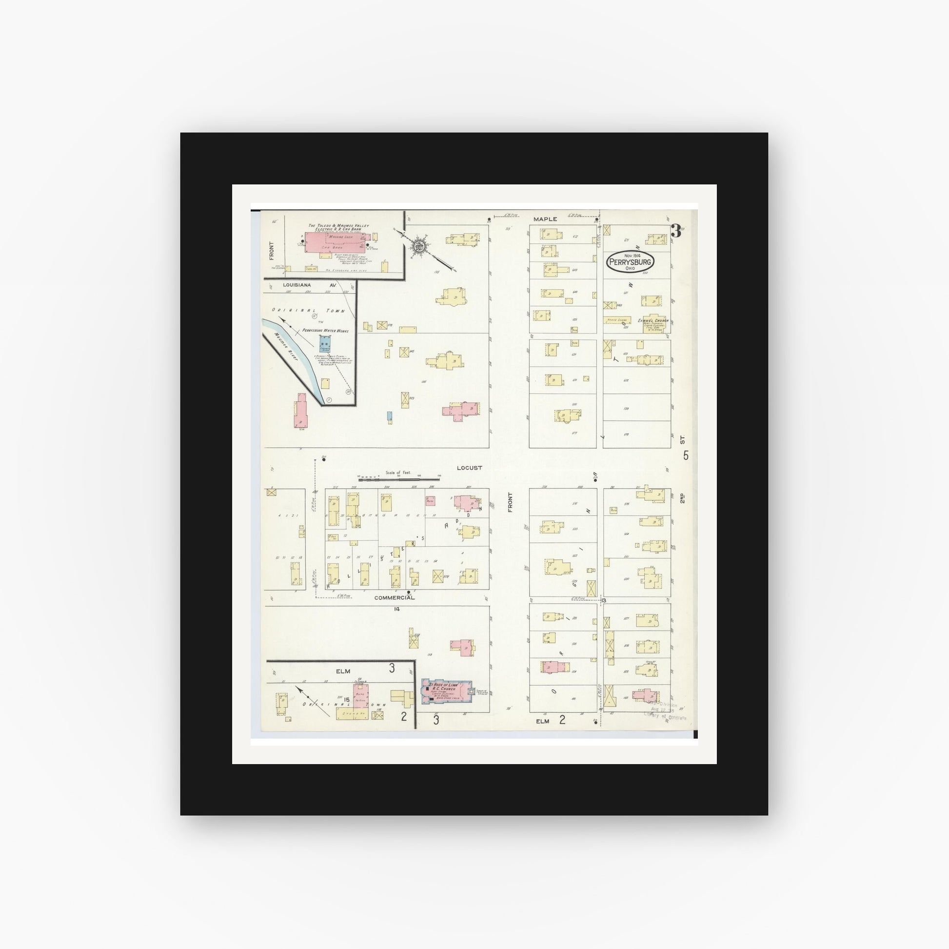 Old map wall art mockup — black gallery frame with white mat — Sanborn Fire Insurance Map from Perrysburg, Wood County, Ohio (1914), Sheet #0003