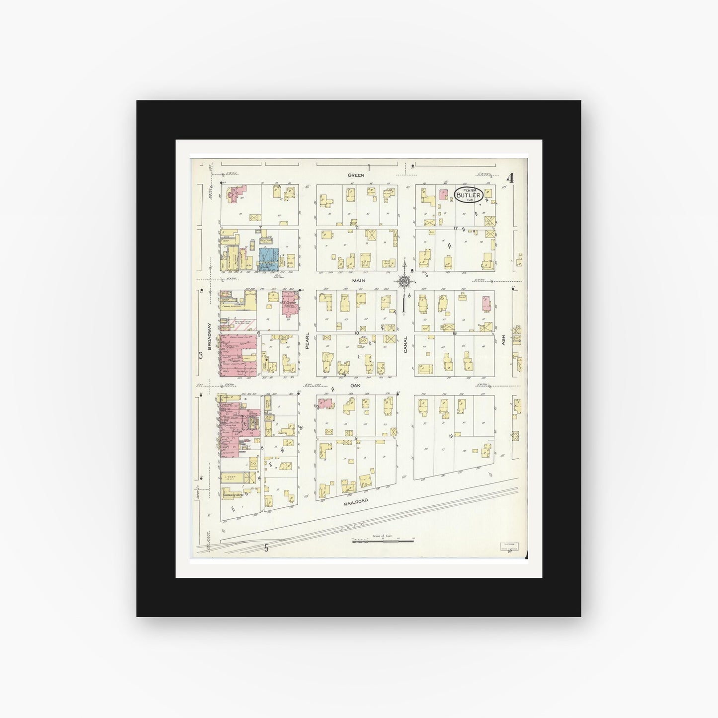 Old map wall art mockup — black gallery frame with white mat — Sanborn Fire Insurance Map from Butler, De Kalb County, Indiana (1914), Sheet #0004