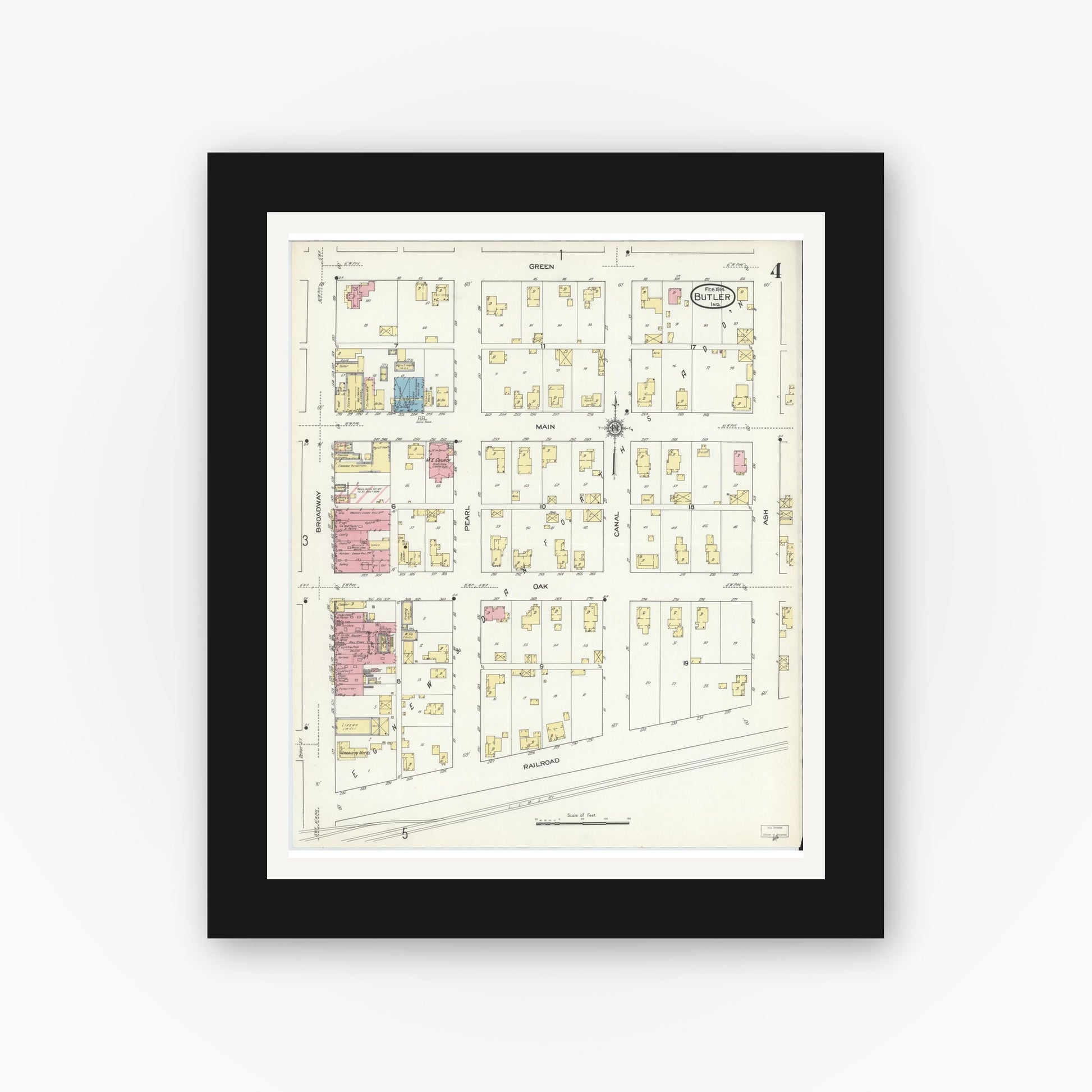 Old map wall art mockup — black gallery frame with white mat — Sanborn Fire Insurance Map from Butler, De Kalb County, Indiana (1914), Sheet #0004