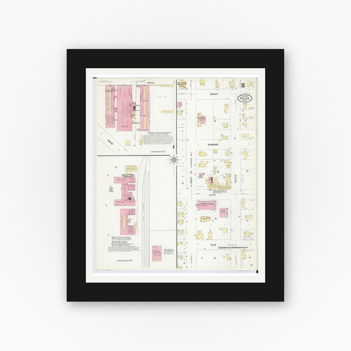 Old map wall art mockup — black gallery frame with white mat — Sanborn Fire Insurance Map from Niles, Berrien County, Michigan (1907), Sheet #0008