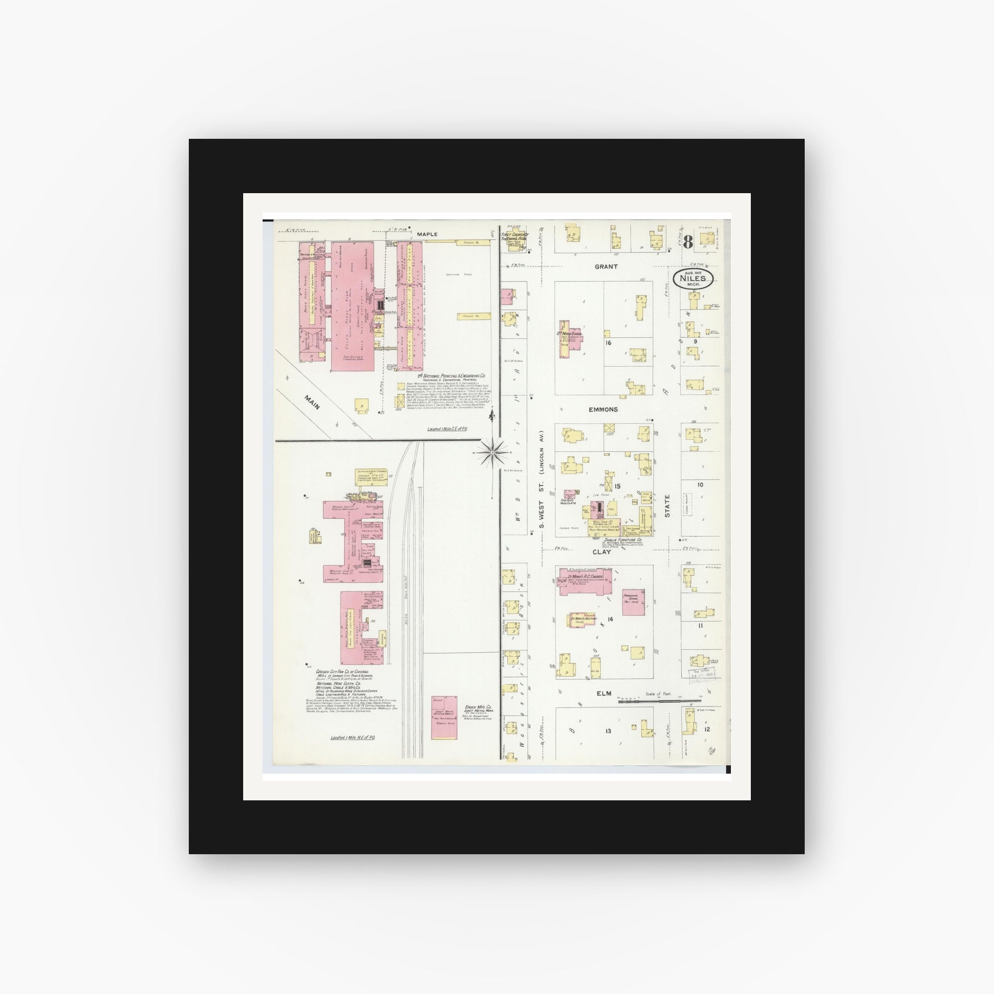 Old map wall art mockup — black gallery frame with white mat — Sanborn Fire Insurance Map from Niles, Berrien County, Michigan (1907), Sheet #0008