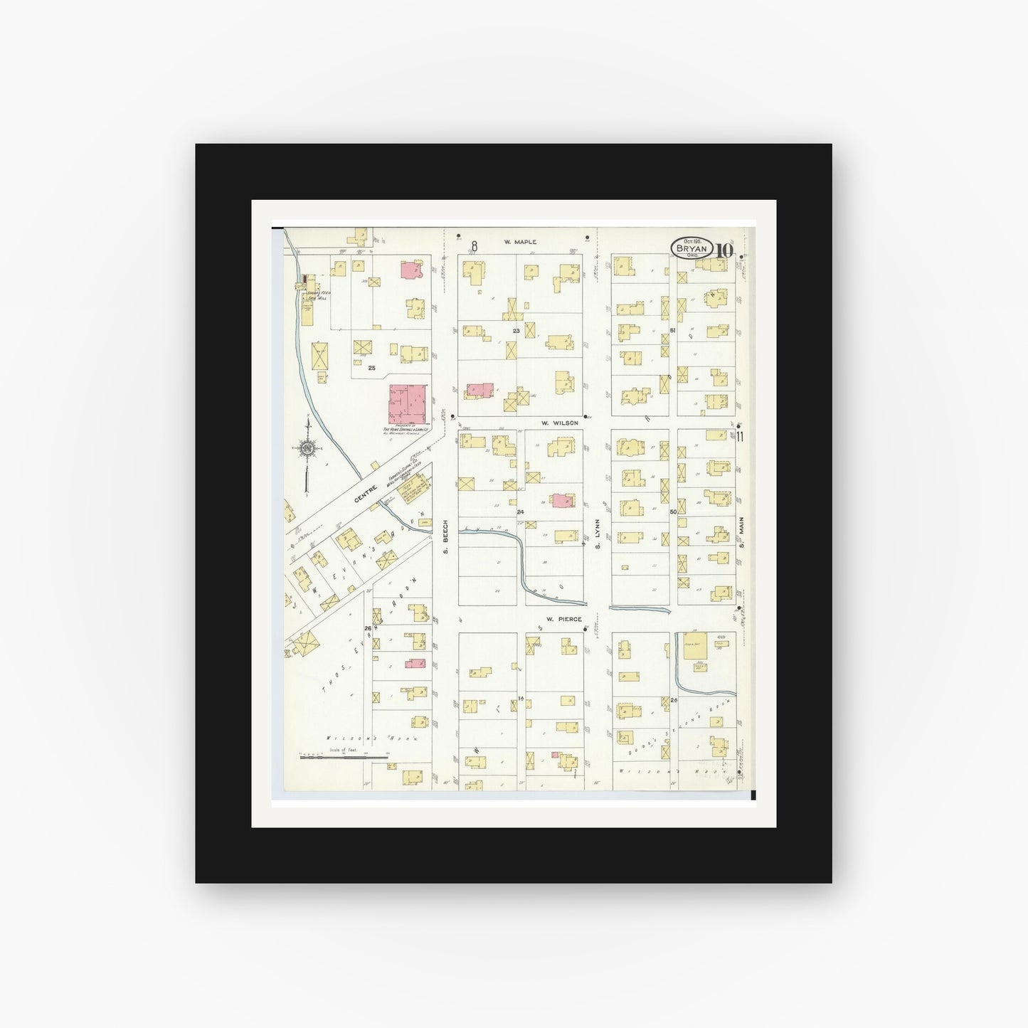 Old map wall art mockup — black gallery frame with white mat — Sanborn Fire Insurance Map from Bryan, Williams County, Ohio (1911), Sheet #0010