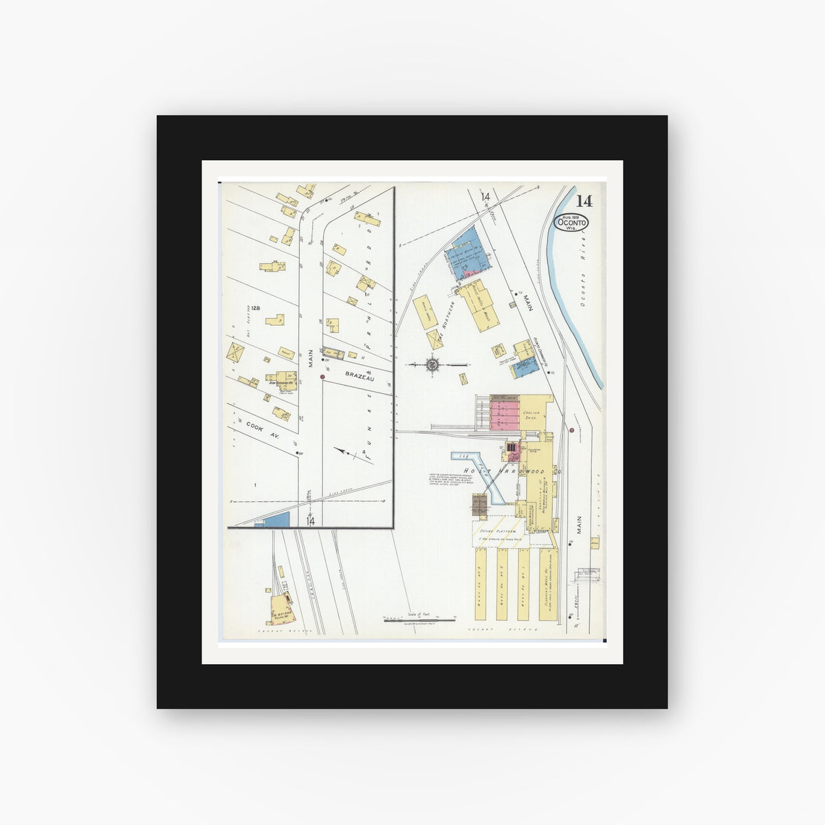 Old map wall art mockup — black gallery frame with white mat — Sanborn Fire Insurance Map from Oconto, Oconto County, Wisconsin (1919), Sheet #0014