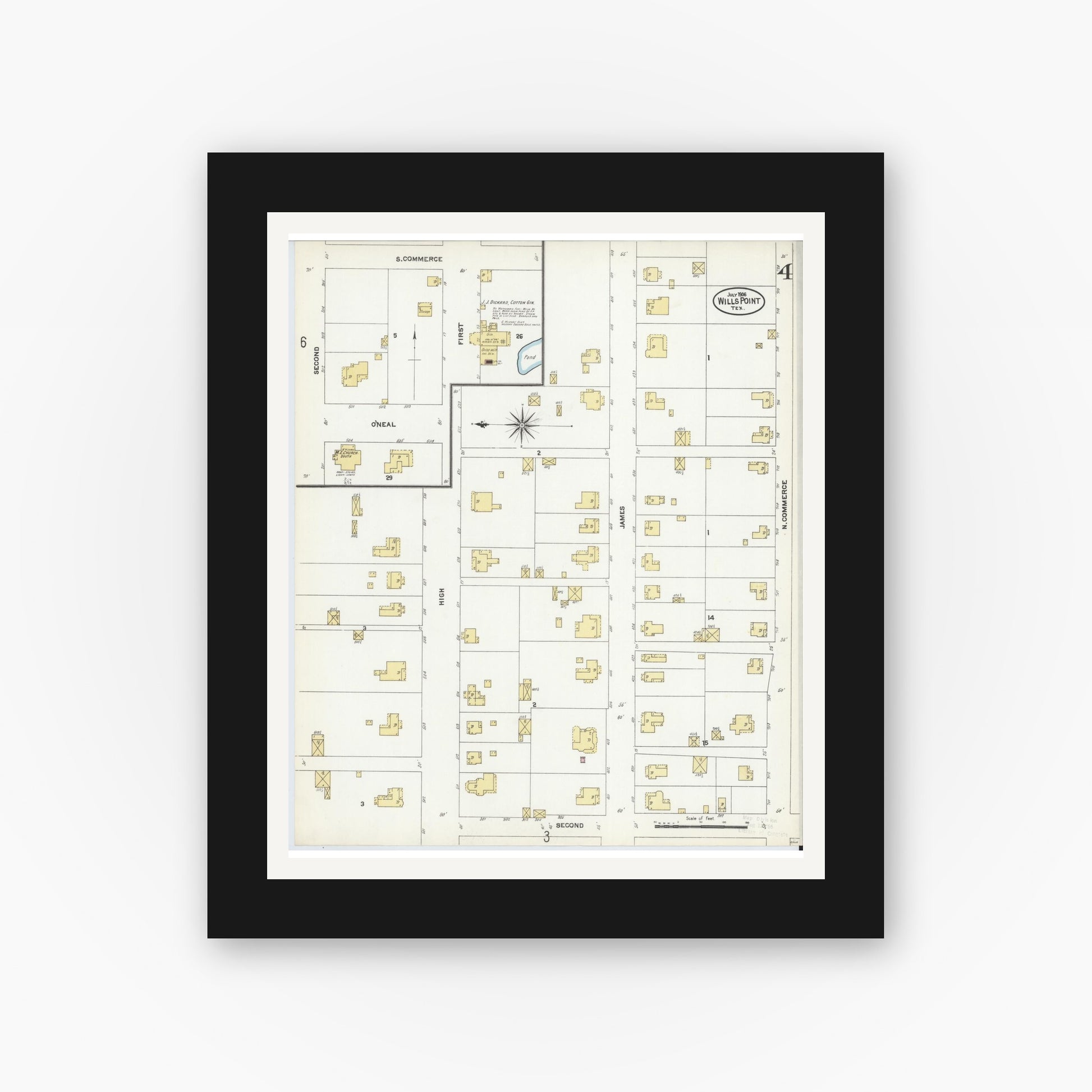 Old map wall art mockup — black gallery frame with white mat — Sanborn Fire Insurance Map from Wills Point, Van Zandt County, Texas (1906), Sheet #0004