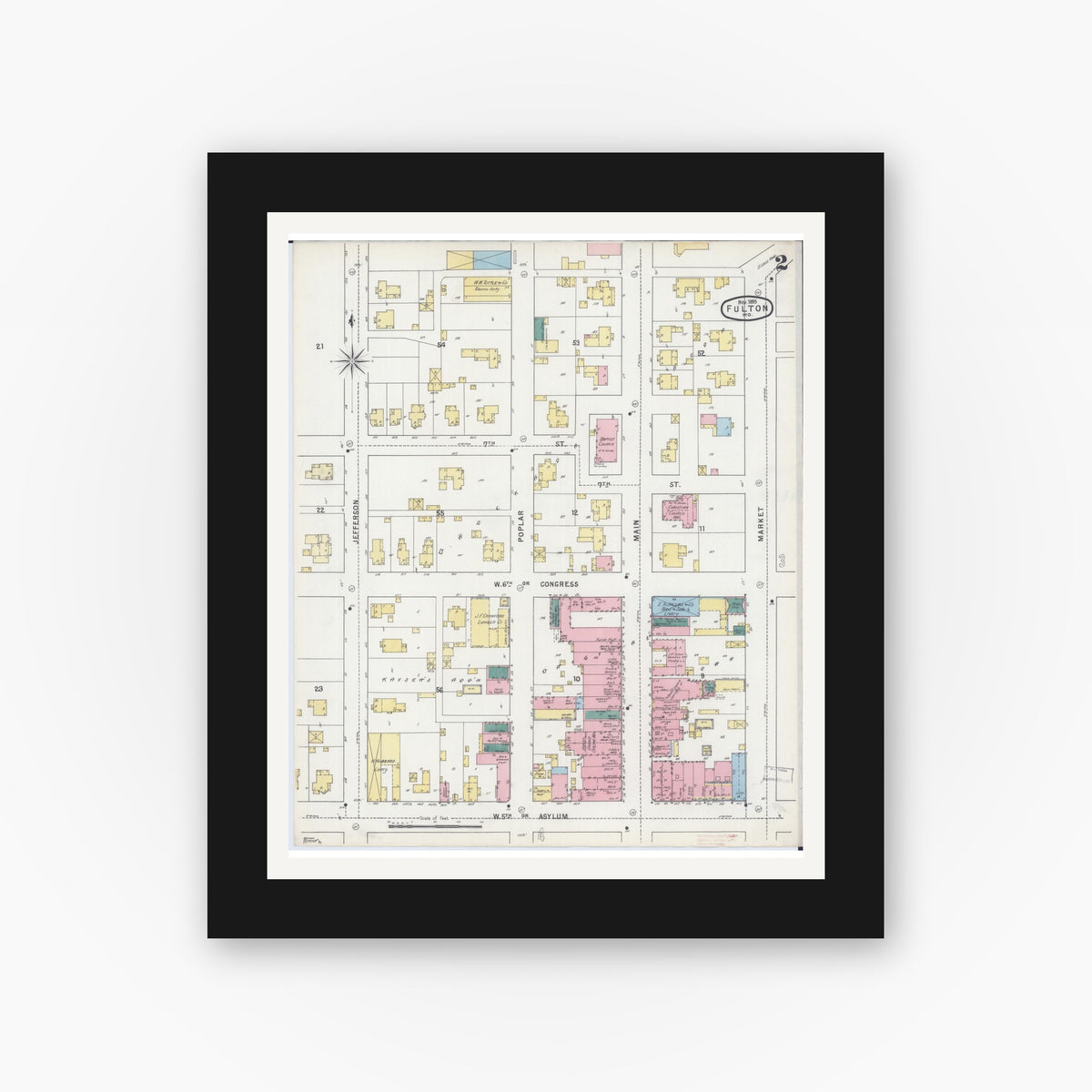 Old map wall art mockup — black gallery frame with white mat — Sanborn Fire Insurance Map from Fulton, Callaway County, Missouri (1895), Sheet #0002