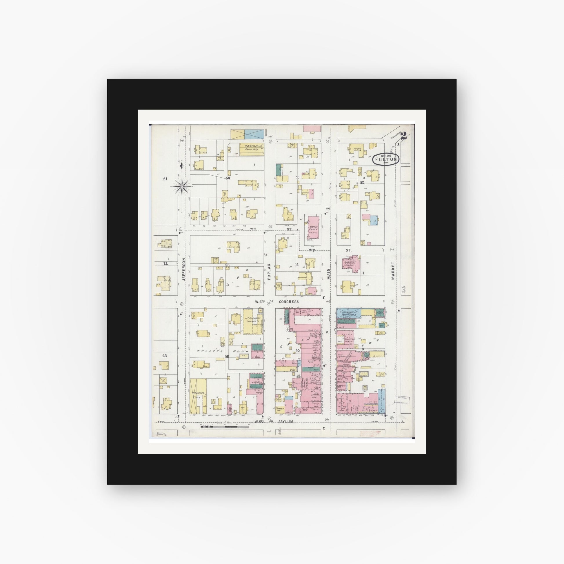 Old map wall art mockup — black gallery frame with white mat — Sanborn Fire Insurance Map from Fulton, Callaway County, Missouri (1895), Sheet #0002