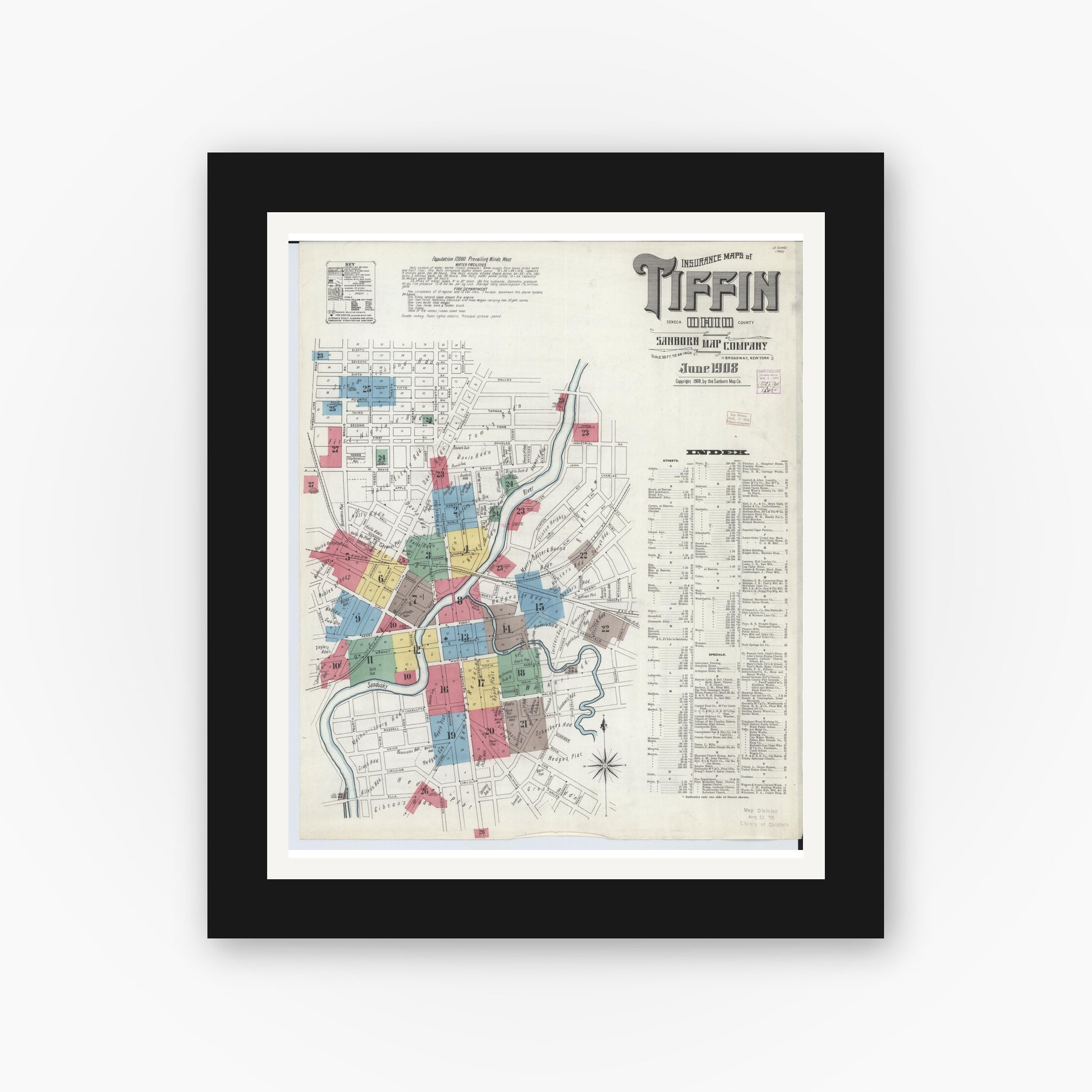 Old map wall art mockup — black gallery frame with white mat — Sanborn Fire Insurance Map from Tiffin, Seneca County, Ohio (1908) - Complete Map Set