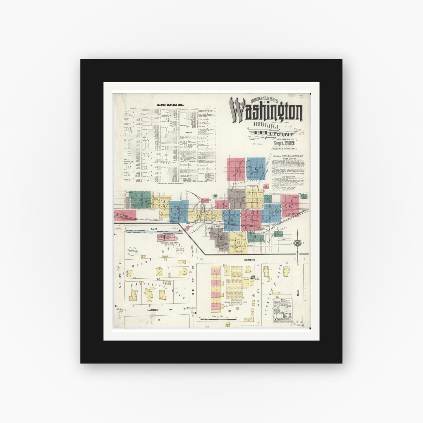 Old map wall art mockup — black gallery frame with white mat — Sanborn Fire Insurance Map from Washington, Daviess County, Indiana (1909), Sheet #0001