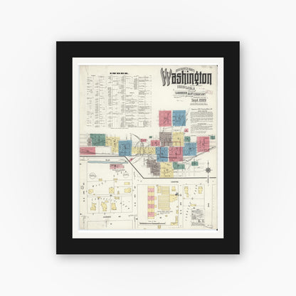 Old map wall art mockup — black gallery frame with white mat — Sanborn Fire Insurance Map from Washington, Daviess County, Indiana (1909), Sheet #0001