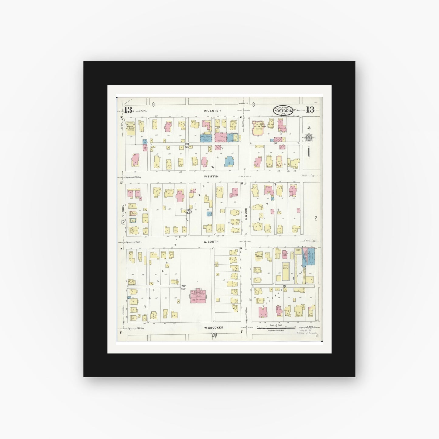 Old map wall art mockup — black gallery frame with white mat — Sanborn Fire Insurance Map from Fostoria, Seneca, Hancock, And Wood Counties, Ohio (1924), Sheet #0013