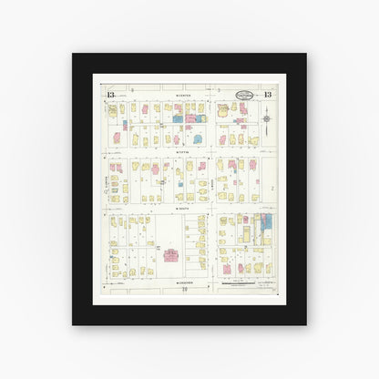 Old map wall art mockup — black gallery frame with white mat — Sanborn Fire Insurance Map from Fostoria, Seneca, Hancock, And Wood Counties, Ohio (1924), Sheet #0013