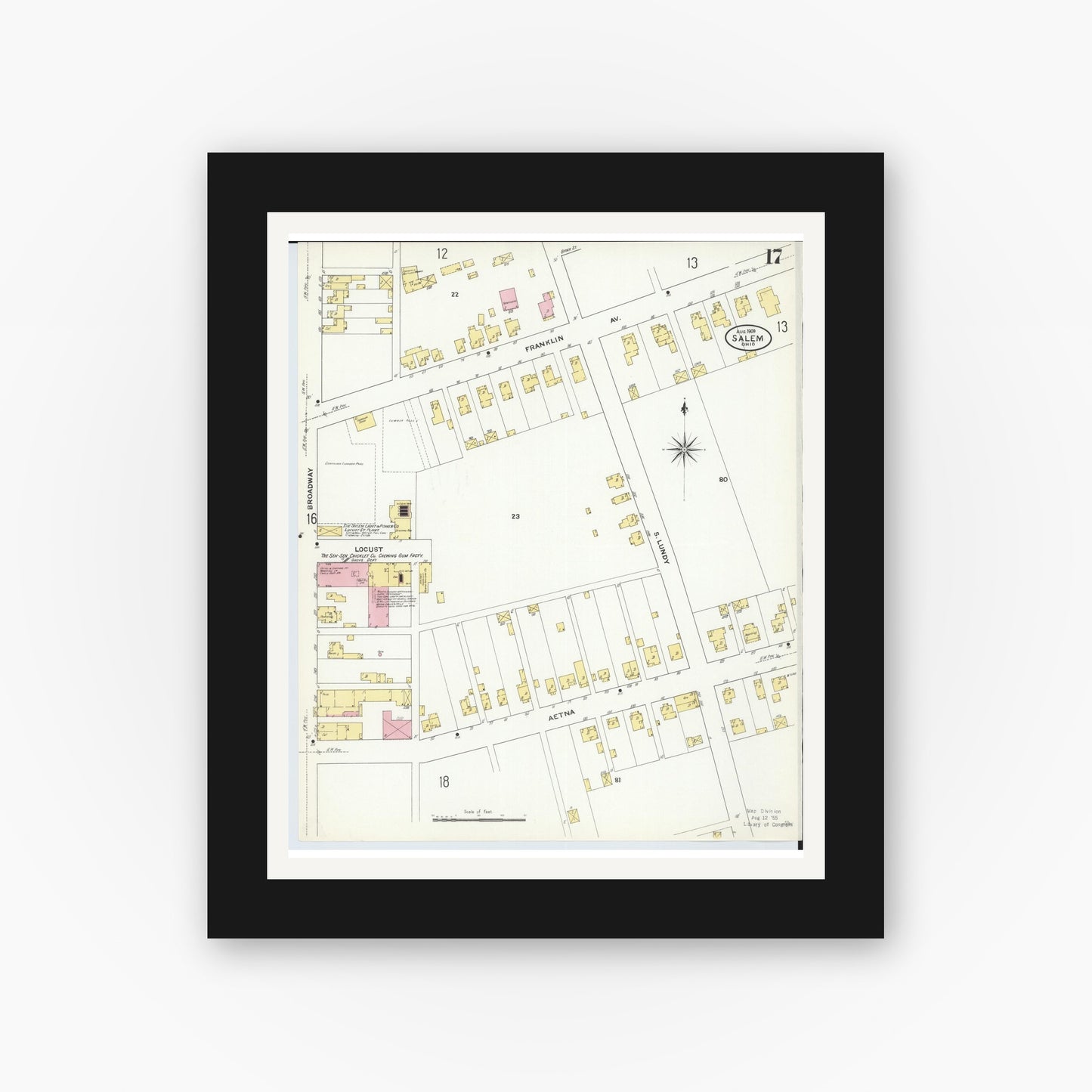 Old map wall art mockup — black gallery frame with white mat — Sanborn Fire Insurance Map from Salem, Columbiana County, Ohio (1909), Sheet #0017