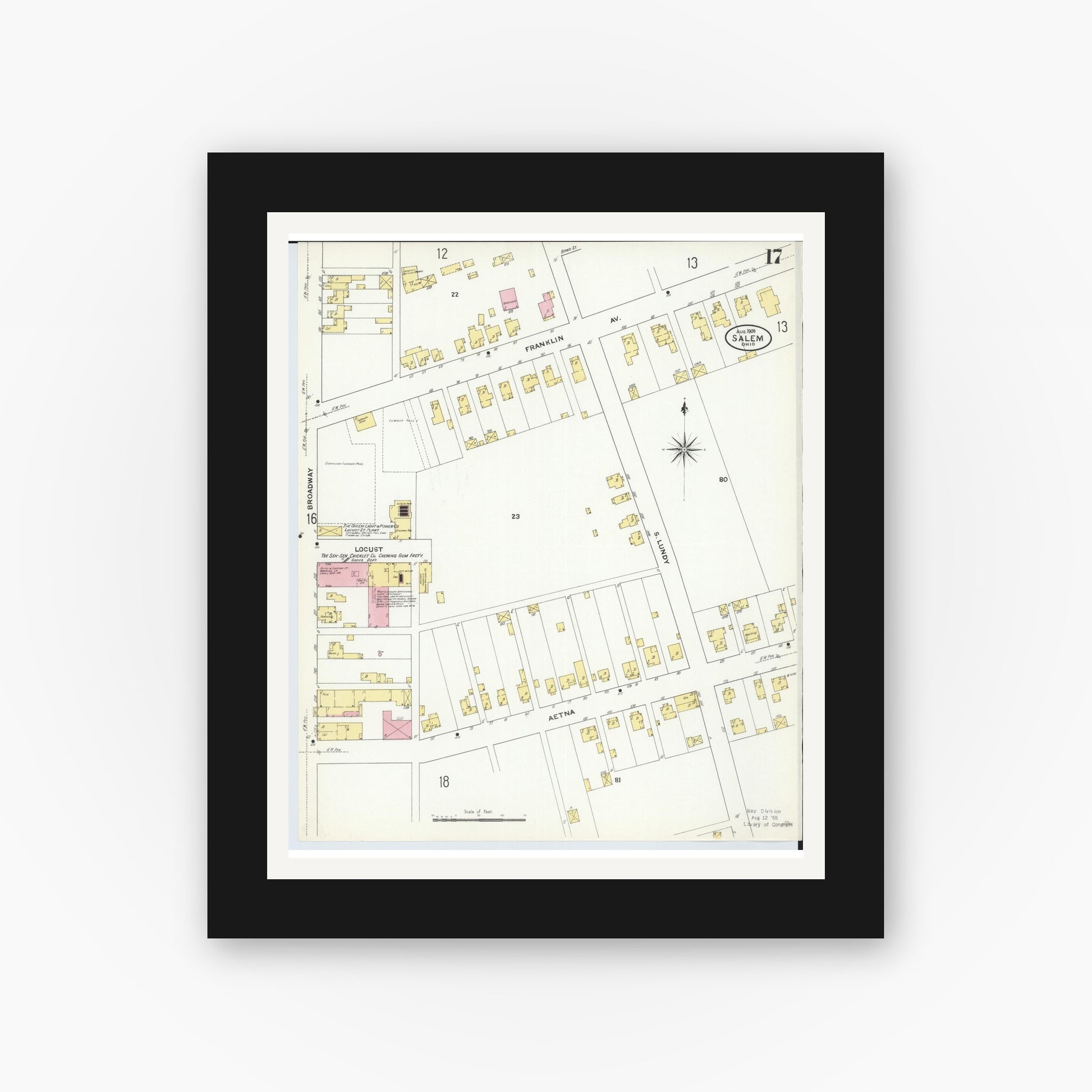 Old map wall art mockup — black gallery frame with white mat — Sanborn Fire Insurance Map from Salem, Columbiana County, Ohio (1909), Sheet #0017