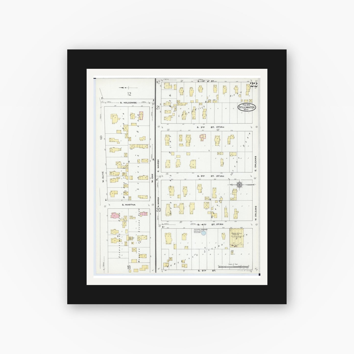 Old map wall art mockup — black gallery frame with white mat — Sanborn Fire Insurance Map from Stillwater, Washington County, Minnesota (1910), Sheet #0022