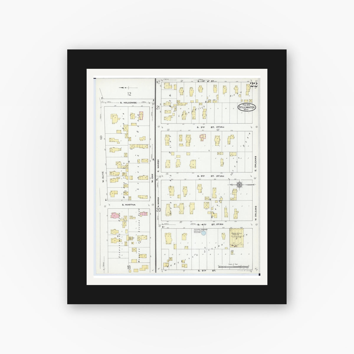 Old map wall art mockup — black gallery frame with white mat — Sanborn Fire Insurance Map from Stillwater, Washington County, Minnesota (1910), Sheet #0022