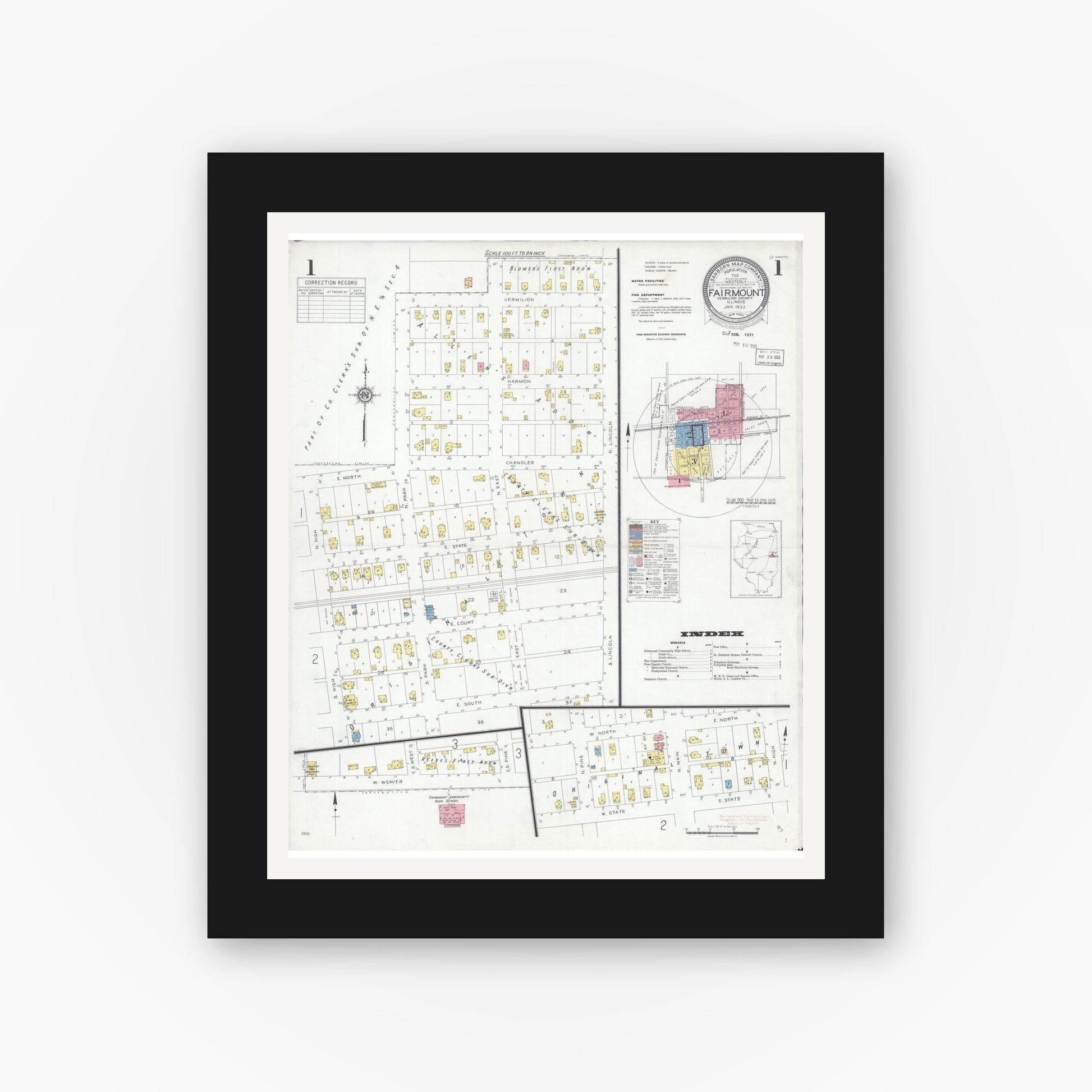 Old map wall art mockup — black gallery frame with white mat — Sanborn Fire Insurance Map from Fairmount, Vermilion County, Illinois (1933) - Complete Map Set