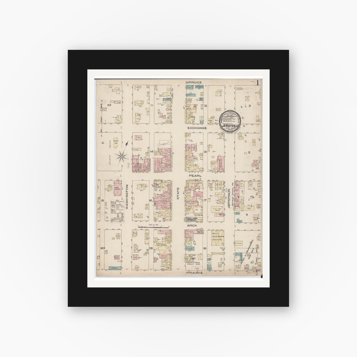 Old map wall art mockup — black gallery frame with white mat — Sanborn Fire Insurance Map from Jerseyville, Jersey County, Illinois (1885), Sheet #0001