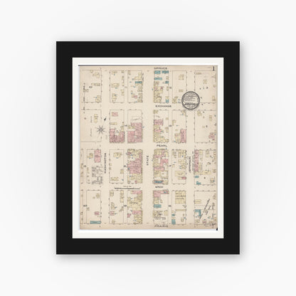 Old map wall art mockup — black gallery frame with white mat — Sanborn Fire Insurance Map from Jerseyville, Jersey County, Illinois (1885), Sheet #0001
