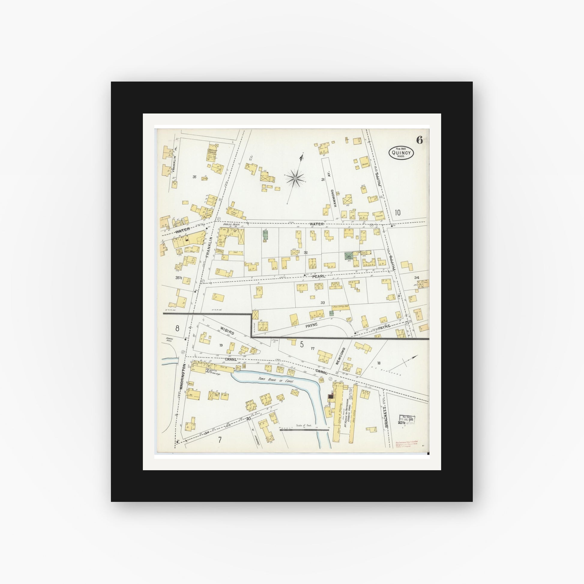 Old map wall art mockup — black gallery frame with white mat — Sanborn Fire Insurance Map from Quincy, Norfolk County, Massachusetts (1901), Sheet #0006