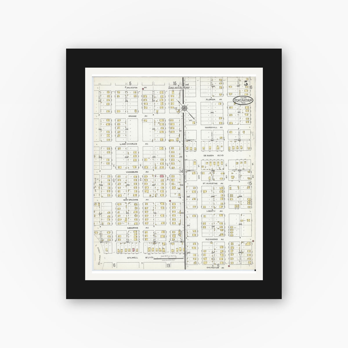 Old map wall art mockup — black gallery frame with white mat — Sanborn Fire Insurance Map from Port Arthur, Jefferson County, Texas (1918), Sheet #0005