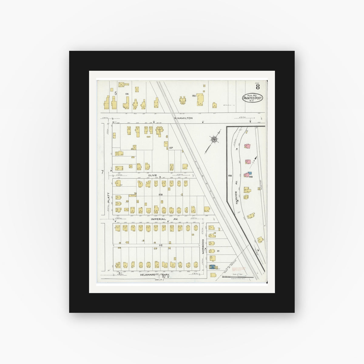 Old map wall art mockup — black gallery frame with white mat — Sanborn Fire Insurance Map from Painted Post, Steuben County, New York (1921), Sheet #0008